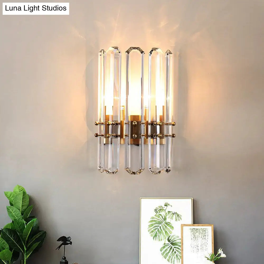 Modern Metal Cylinder Wall Sconce Light With Clear Crystal Prism Golden Finish 2 Bulbs Ideal For