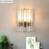 Modern Metal Cylinder Wall Sconce Light With Clear Crystal Prism Golden Finish 2 Bulbs Ideal For