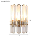 Modern Metal Cylinder Wall Sconce Light With Clear Crystal Prism Golden Finish 2 Bulbs Ideal For