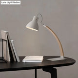 Modern Metal Domed Table Lamp With Wood Arm - Small Desk Light (White/Black)