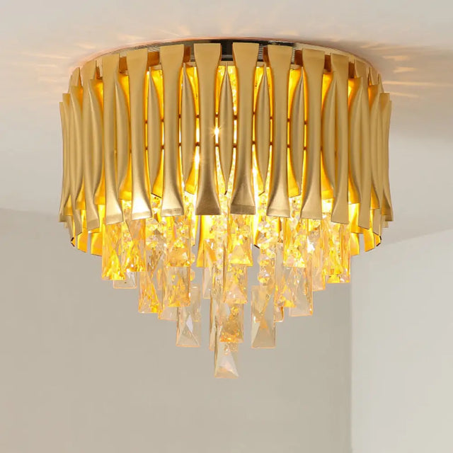 Modern Metal Drum Ceiling Light Fixture With Crystal Block Drop - Brass Flush Mount 5 Lights