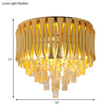 Modern Metal Drum Ceiling Light Fixture With Crystal Block Drop - Brass Flush Mount 5 Lights