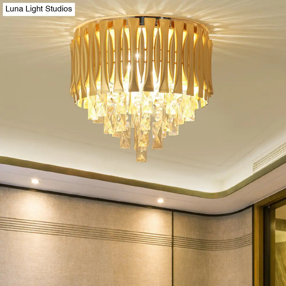 Modern Metal Drum Ceiling Light Fixture With Crystal Block Drop - Brass Flush Mount 5 Lights