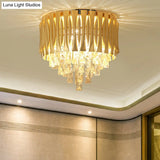 Modern Metal Drum Ceiling Light Fixture With Crystal Block Drop - Brass Flush Mount 5 Lights