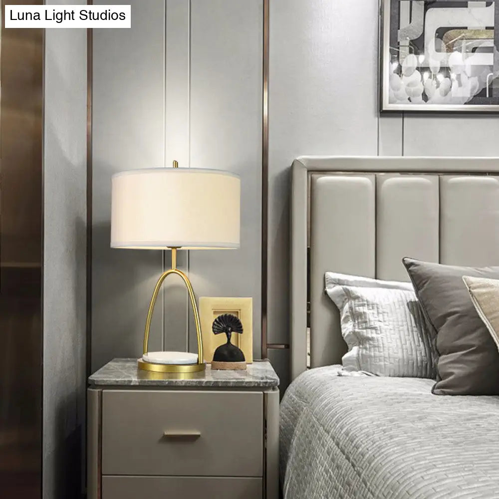 Modern Metal Drum Nightstand Light With White Fabric Shade - Perfect For Living Room