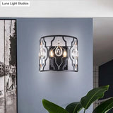 Modern Metal Frame Black Wall Sconce With Crystal Droplets - Half-Cylinder Design 2 Heads