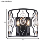 Modern Metal Frame Black Wall Sconce With Crystal Droplets - Half-Cylinder Design 2 Heads