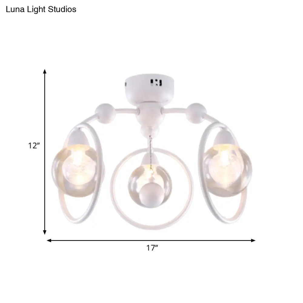 Modern Metal Glass Shade 3 - Light Semi Flush Mount Ceiling Fixture For Dining Room - White