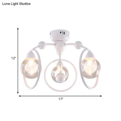 Modern Metal Glass Shade 3 - Light Semi Flush Mount Ceiling Fixture For Dining Room - White