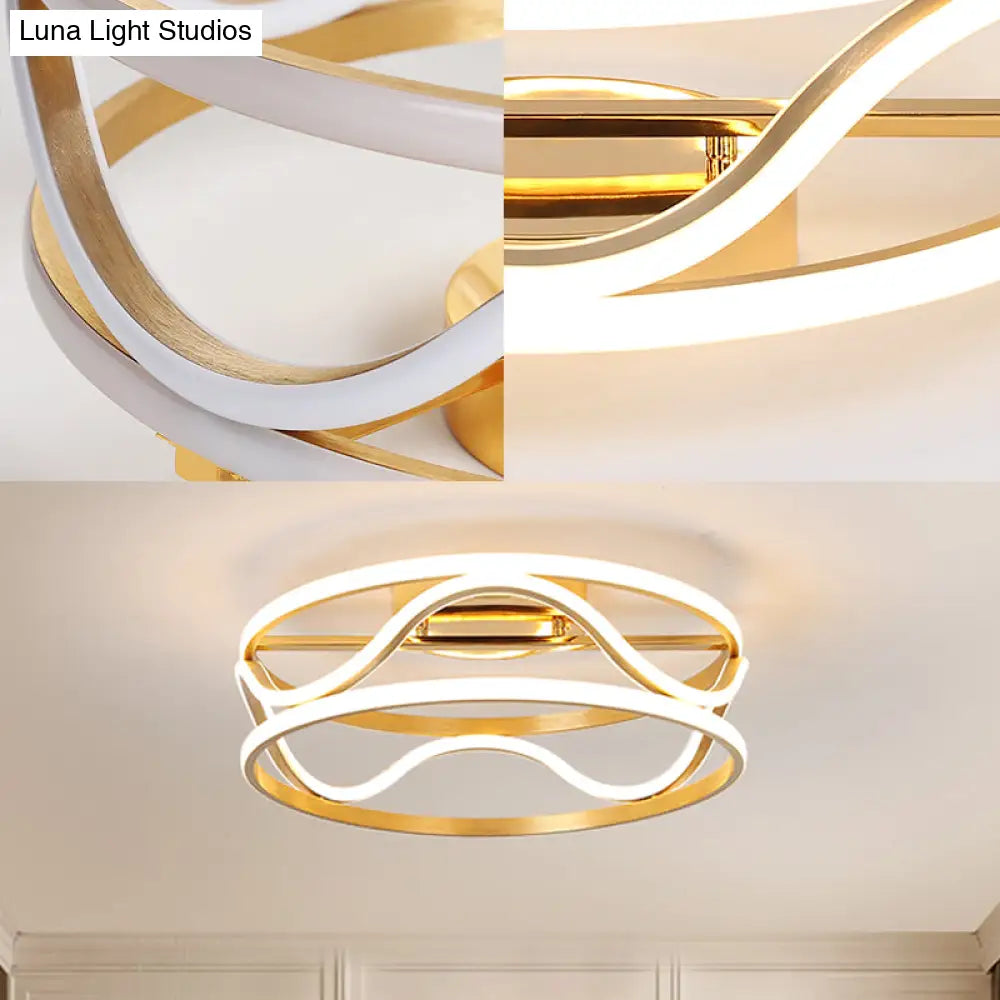 Modern Metal Gold Drum Flush Mount Ceiling Light – Led Fixture For Bedroom Warm/White
