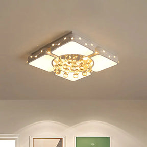 Modern Metal Led Flushmount Lamp With Crystal Ball - White Ceiling Light Fixture