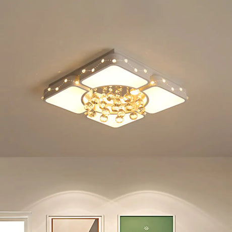 Modern Metal Led Flushmount Lamp With Crystal Ball - White Ceiling Light Fixture