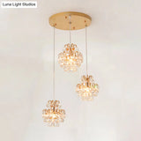 Modern Metal Pendant Light With Clear Crystal Balls And 3 Bulbs - Round/Linear Canopy Black/Gold