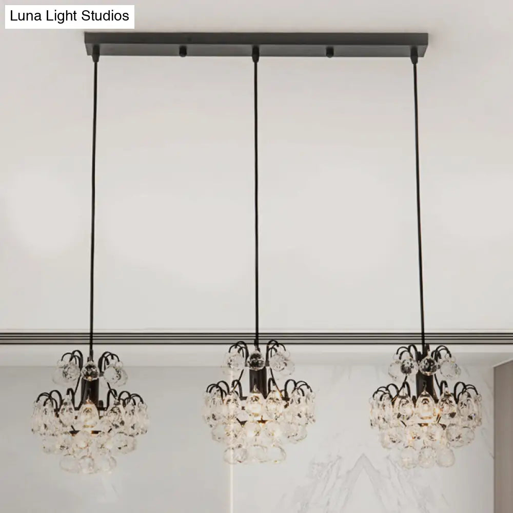 Modern Metal Pendant Light With Clear Crystal Balls And 3 Bulbs - Round/Linear Canopy Black/Gold