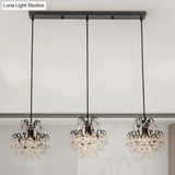 Modern Metal Pendant Light With Clear Crystal Balls And 3 Bulbs - Round/Linear Canopy Black/Gold