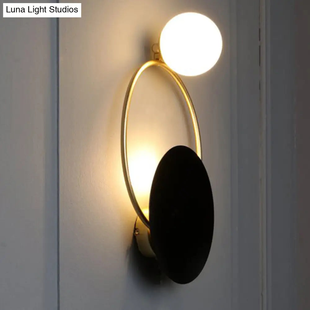 Modern Metal Planet Wall Mount Lamp - 1 Light Black Finish Opal Glass Fixture