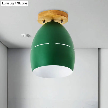 Modern Metal Semi-Flush Ceiling Light - 1 Oval Semi Flush Mount Lighting In Pink/Yellow/Green For