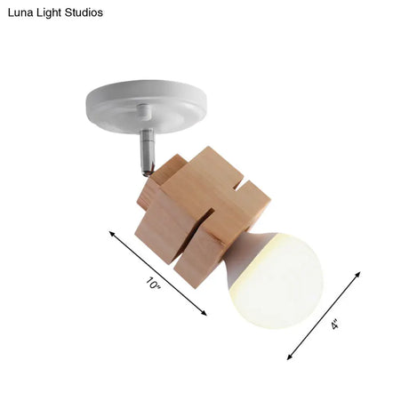 Modern Metal Semi Flush Ceiling Light With Wood Top - White Finish 1