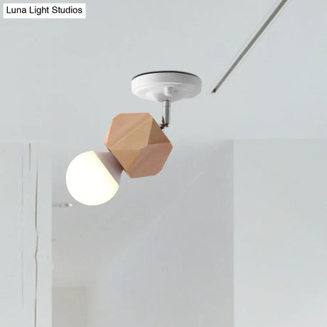 Modern Metal Semi Flush Ceiling Light With Wood Top - White Finish 1