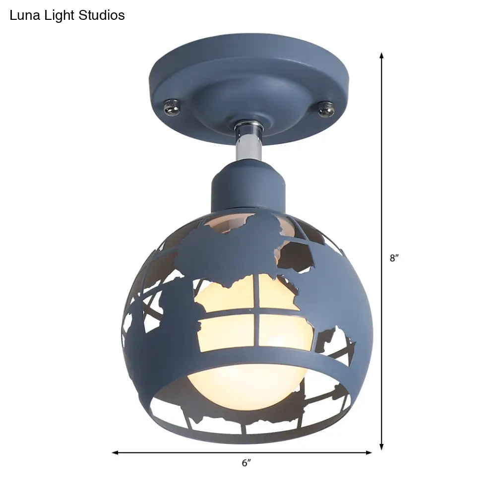 Modern Metal Semi - Flush Light With 1 Head For Hallway - Pink/Yellow/Blue Domed Design