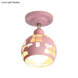 Modern Metal Semi - Flush Light With 1 Head For Hallway - Pink/Yellow/Blue Domed Design