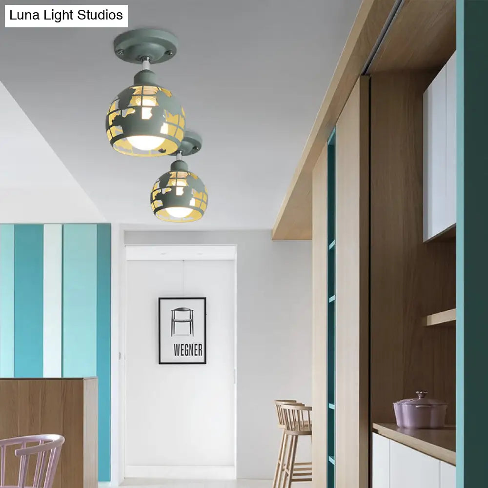 Modern Metal Semi - Flush Light With 1 Head For Hallway - Pink/Yellow/Blue Domed Design
