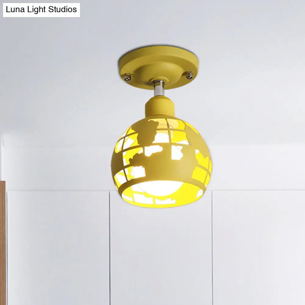 Modern Metal Semi - Flush Light With 1 Head For Hallway - Pink/Yellow/Blue Domed Design