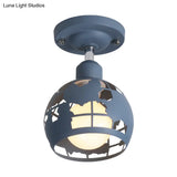 Modern Metal Semi - Flush Light With 1 Head For Hallway - Pink/Yellow/Blue Domed Design