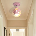 Modern Metal Semi - Flush Light With 1 Head For Hallway - Pink/Yellow/Blue Domed Design Pink