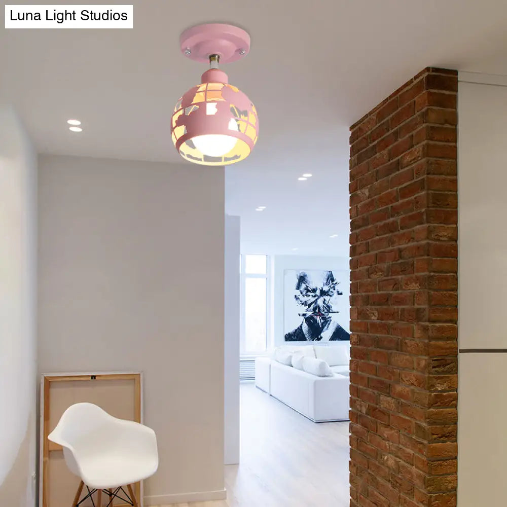 Modern Metal Semi - Flush Light With 1 Head For Hallway - Pink/Yellow/Blue Domed Design