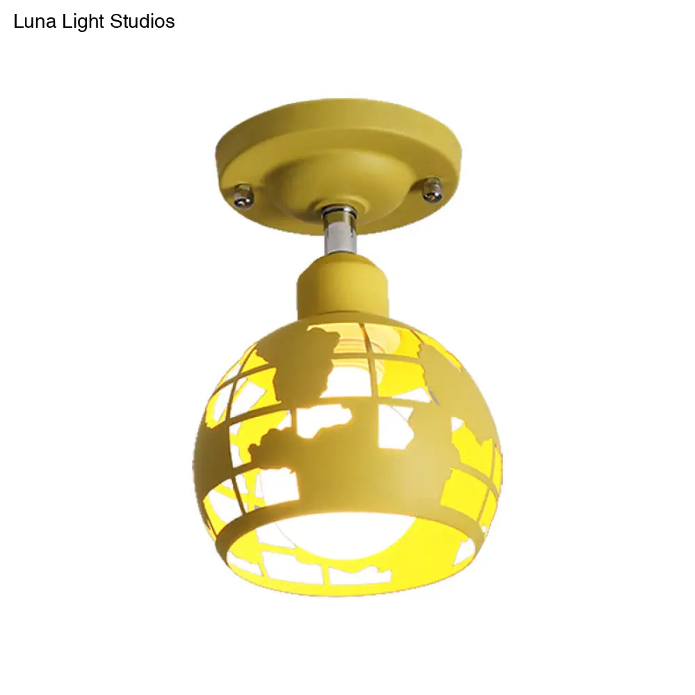 Modern Metal Semi - Flush Light With 1 Head For Hallway - Pink/Yellow/Blue Domed Design