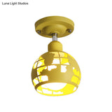 Modern Metal Semi - Flush Light With 1 Head For Hallway - Pink/Yellow/Blue Domed Design