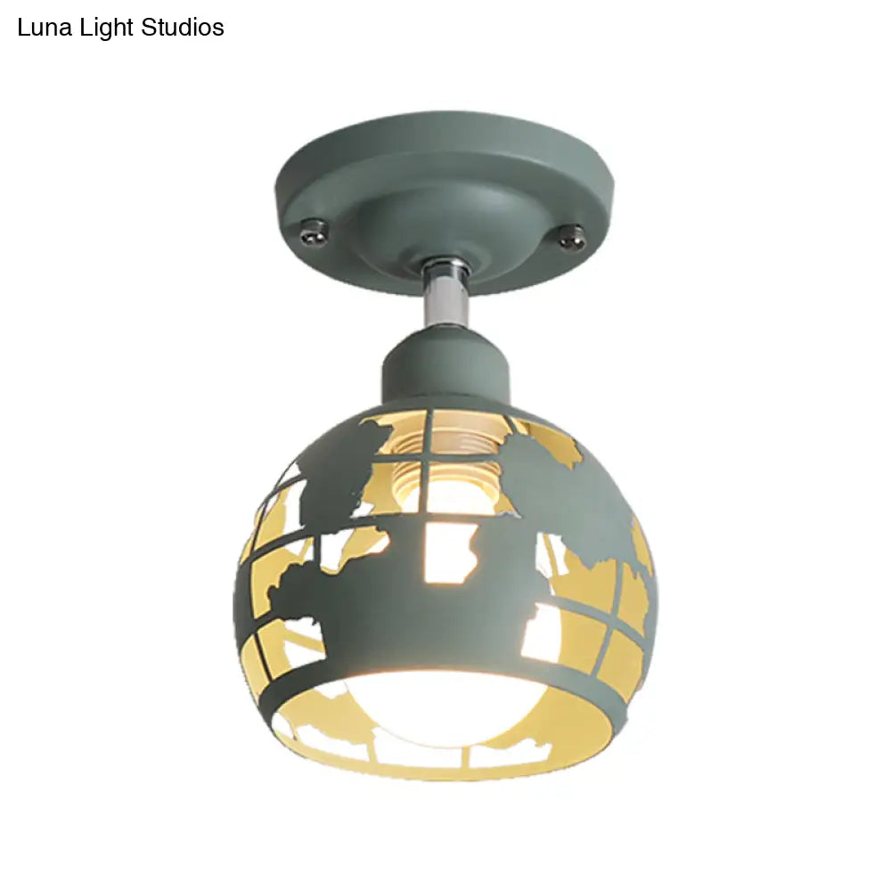 Modern Metal Semi - Flush Light With 1 Head For Hallway - Pink/Yellow/Blue Domed Design