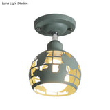 Modern Metal Semi - Flush Light With 1 Head For Hallway - Pink/Yellow/Blue Domed Design