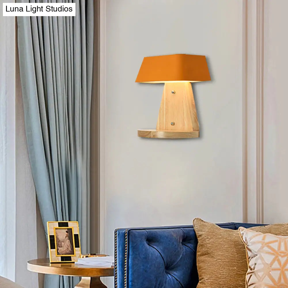 Modern Metal Trapezoid Wall Sconce With Wooden Backplate - White/Orange/Blue Light Fixture For