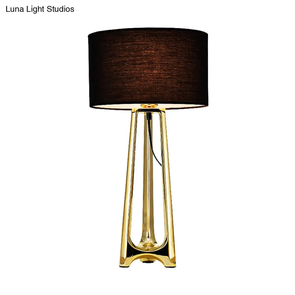 Modern Metal Tripod Table Light With Black Drum Fabric Shade Gold Finish
