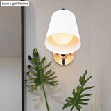 Modern Metal Wall Lamp With Bucket Shade 1 Light Corridor Mount Wooden Backplate Black/White