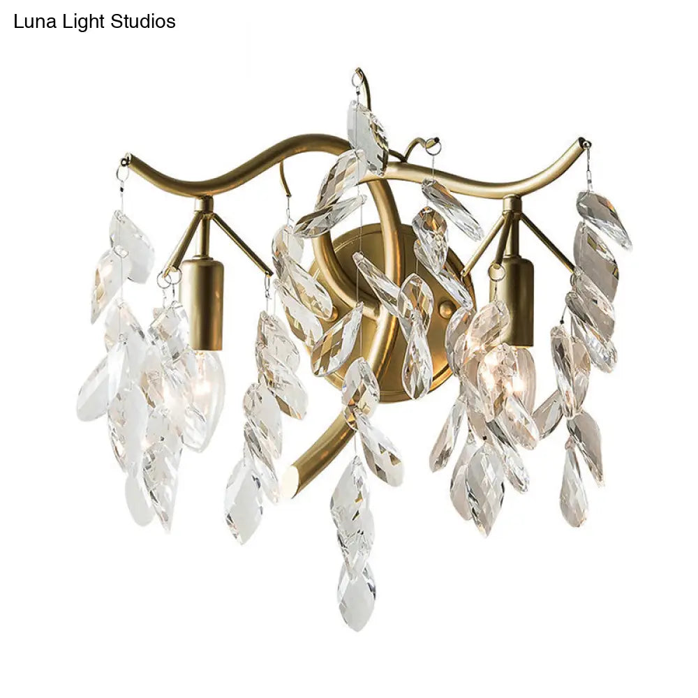 Modern Metal Wall Sconce With Clear Crystal Leaf Deco And 2 Brass Bulbs