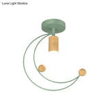 Modern Metallic Crescent Ceiling Light With Wooden Ball Deco - Semi Flush Mount In Black/White/Grey