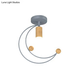 Modern Metallic Crescent Ceiling Light With Wooden Ball Deco - Semi Flush Mount In Black/White/Grey