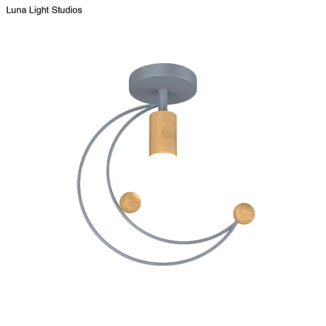 Modern Metallic Crescent Ceiling Light With Wooden Ball Deco - Semi Flush Mount In Black/White/Grey