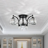 Modern Metallic Curved Arm Semi Flush Mount Ceiling Light In Black With Crystal Cylinder Shade -