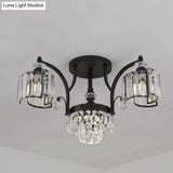 Modern Metallic Curved Arm Semi Flush Mount Ceiling Light In Black With Crystal Cylinder Shade -