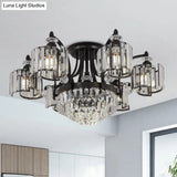 Modern Metallic Curved Arm Semi Flush Mount Ceiling Light In Black With Crystal Cylinder Shade -