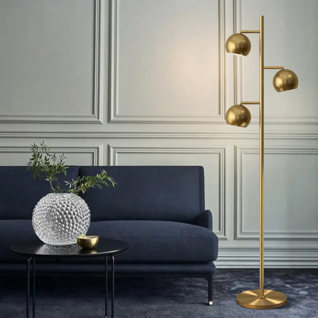 Modern Metallic Gold Sphere Tree 3-Light Floor Lamp For Drawing Room