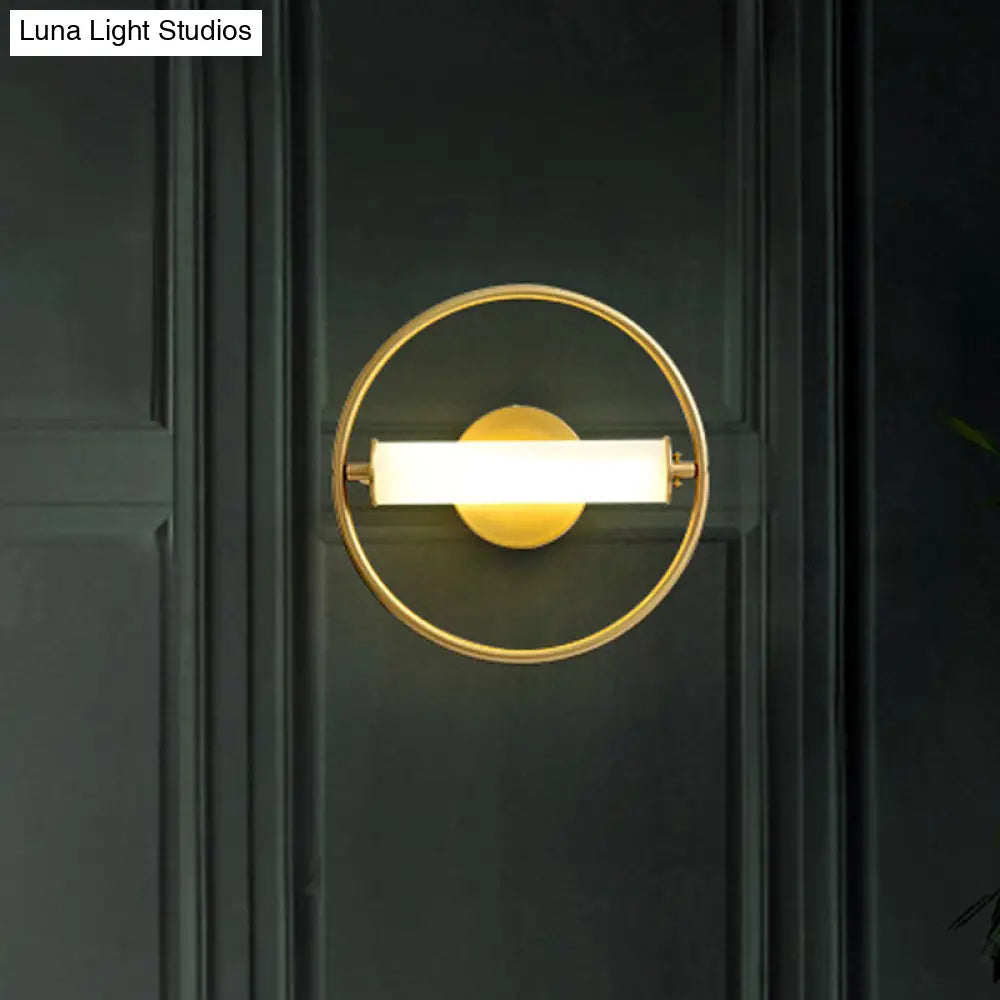 Modern Metallic Led Wall Sconce Lamp With Opal Glass Shade - Ring Bedside Fixture In Brass