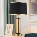 Modern Metallic Tube Desk Light With Gold Finish 1-Light Drum Black Fabric Shade