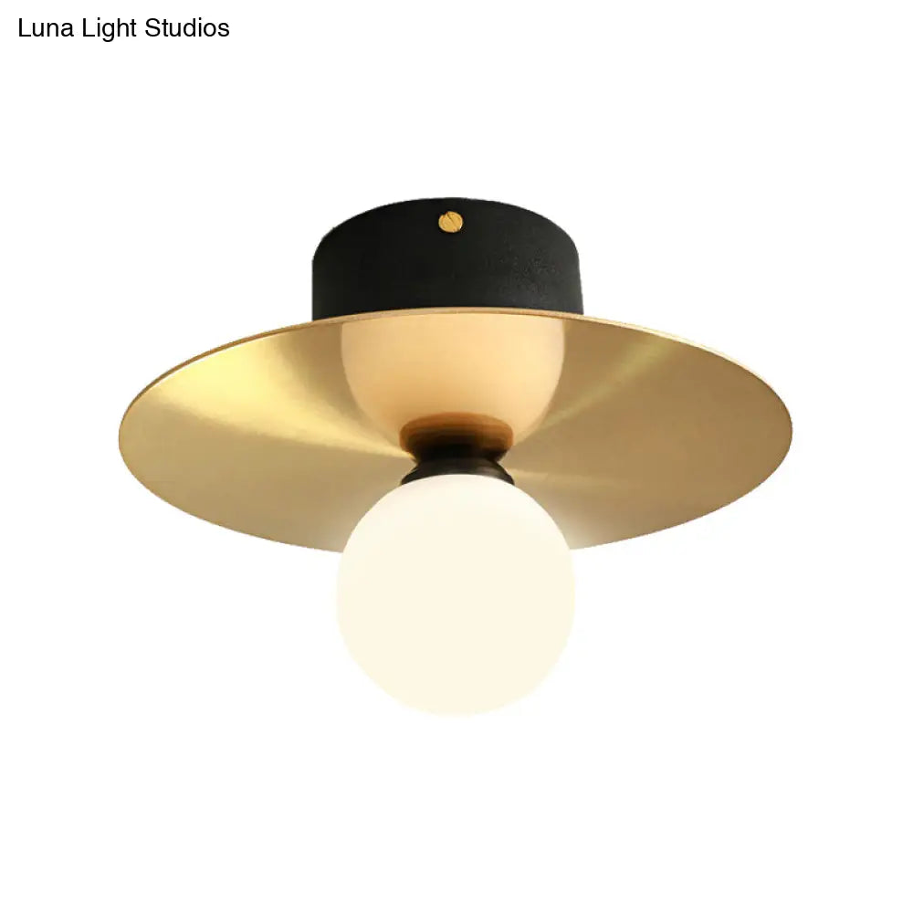 Modern Milk Glass Ceiling Light Fixture With Gold Disk - Contemporary 1 - Bulb Lighting For Living