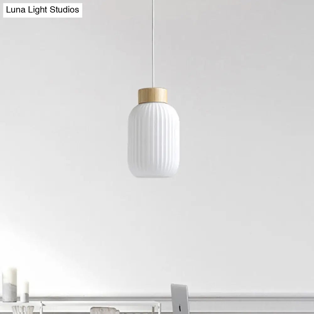 Modern Milk Glass Ribbed Cylinder Pendant Light - 5.5’/8’/12’ 1 White Ceiling Fixture For