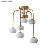 Modern Milky Glass Oval Semi Flush Gold Ceiling Mount Light Fixture With Metal Curvy Arm - 4/6 Heads